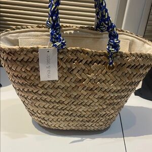 Beige Woven Tote Bag with Blue Rope Handle brand new summer bag